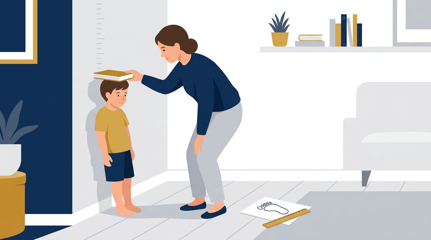 Un padre mide a un niño contra una pared con marcas de corrección sencillas.