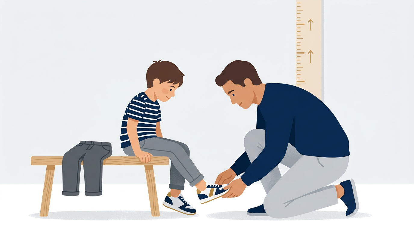 Parent checking toe room while a child tries on a new pair of shoes.